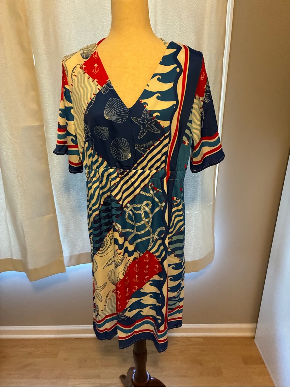 Adore Me Nautical Print V-Neck Dress in Navy, Red, White, NWT
